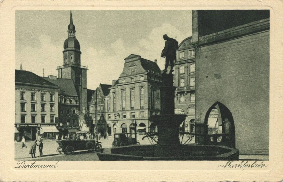 Dortmund, Marktplatz mit Reinoldikirche und Adler-Apotheke, historische Postkarte